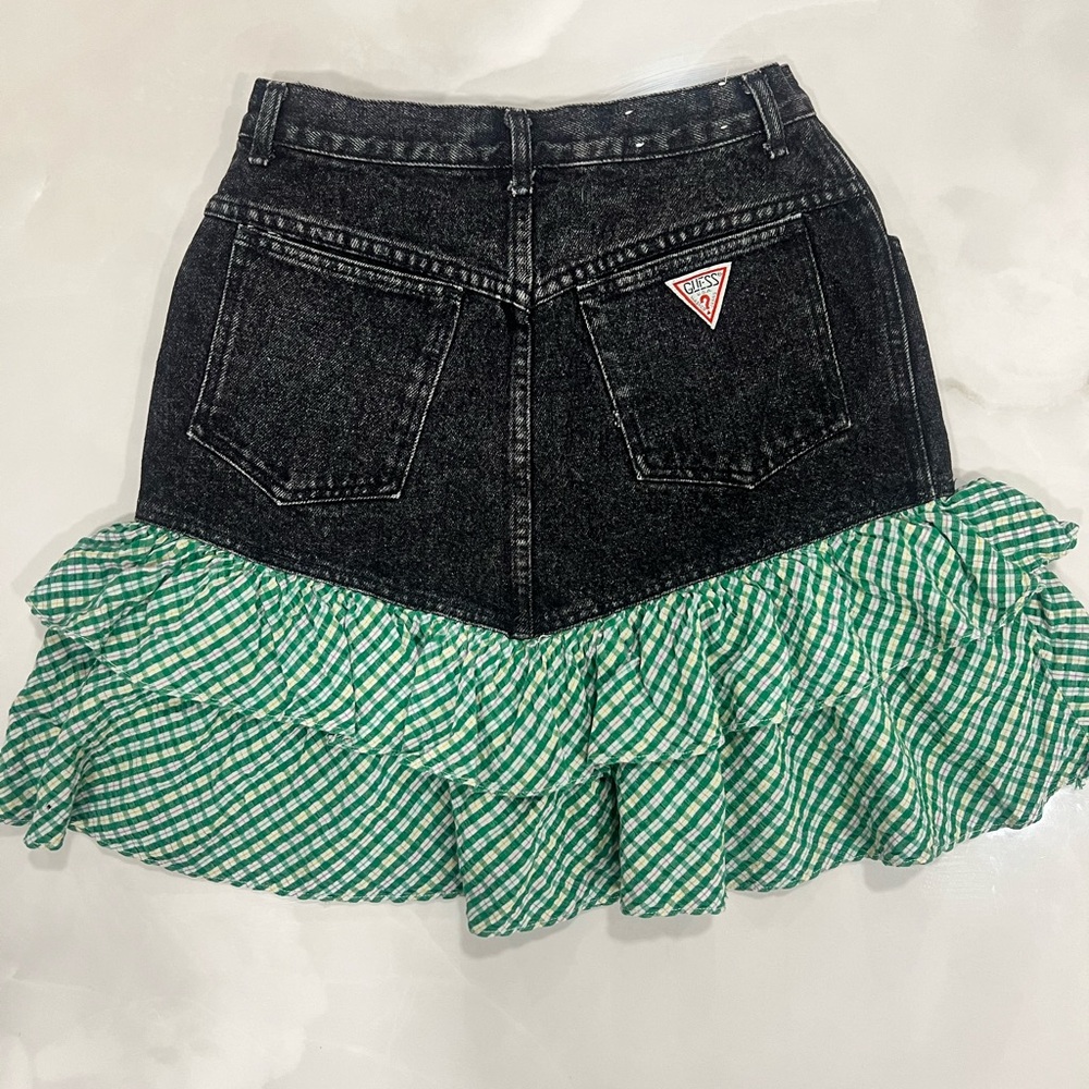 Vintage Guess Black Denim Skirt with Green Ruffle Hem
